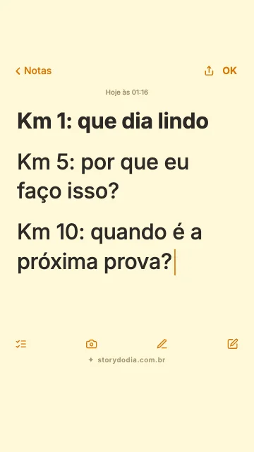 Km 1: que dia lindo
Km 5: por que eu faço isso?
Km 10: quando é a próxima prova?